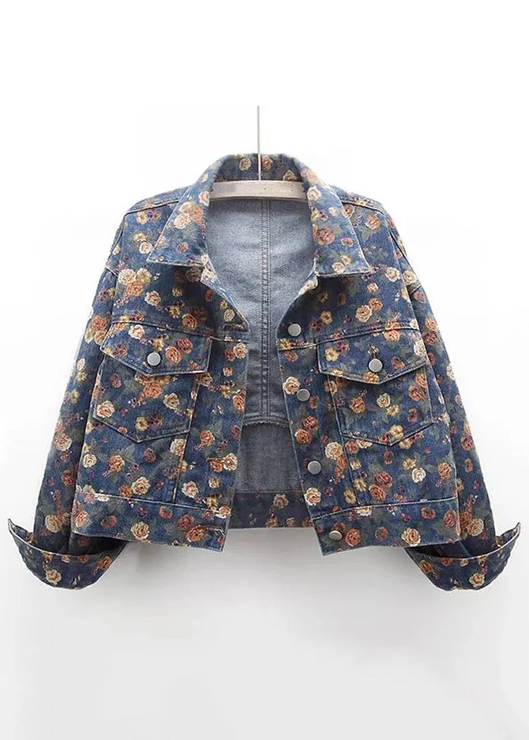 Boutique Blue Peter Pan Collar Print Denim Coats Fall