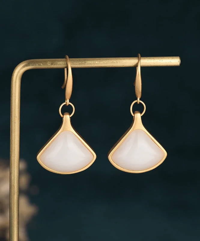 Stylish White Ancient Gold Jade Fan Shaped Drop Earrings