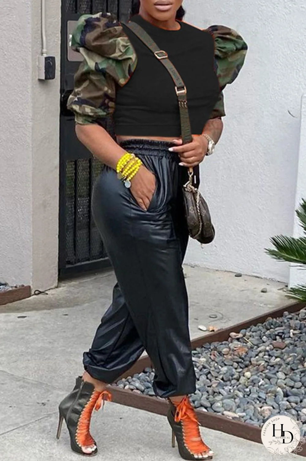 Black Fashion Casual Camouflage Print Patchwork O Neck Tops