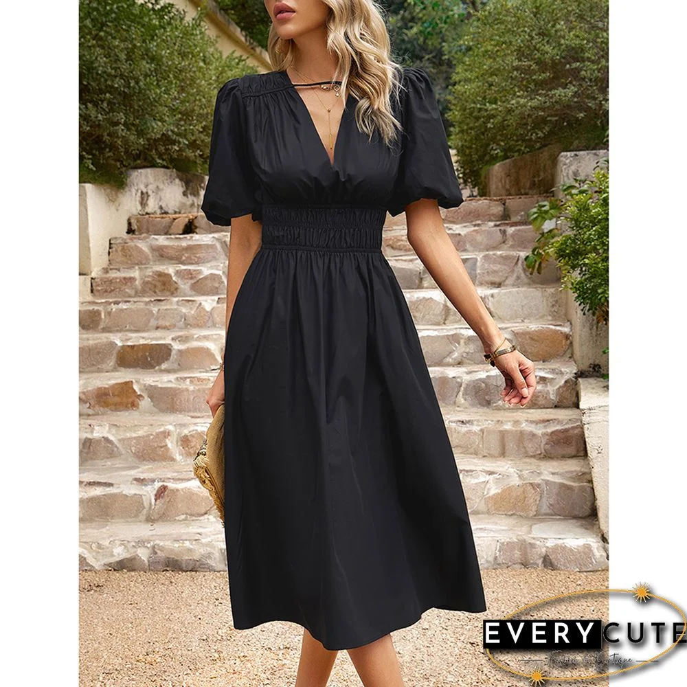 Black Solid V Neck Pleated Waist Midi Dress