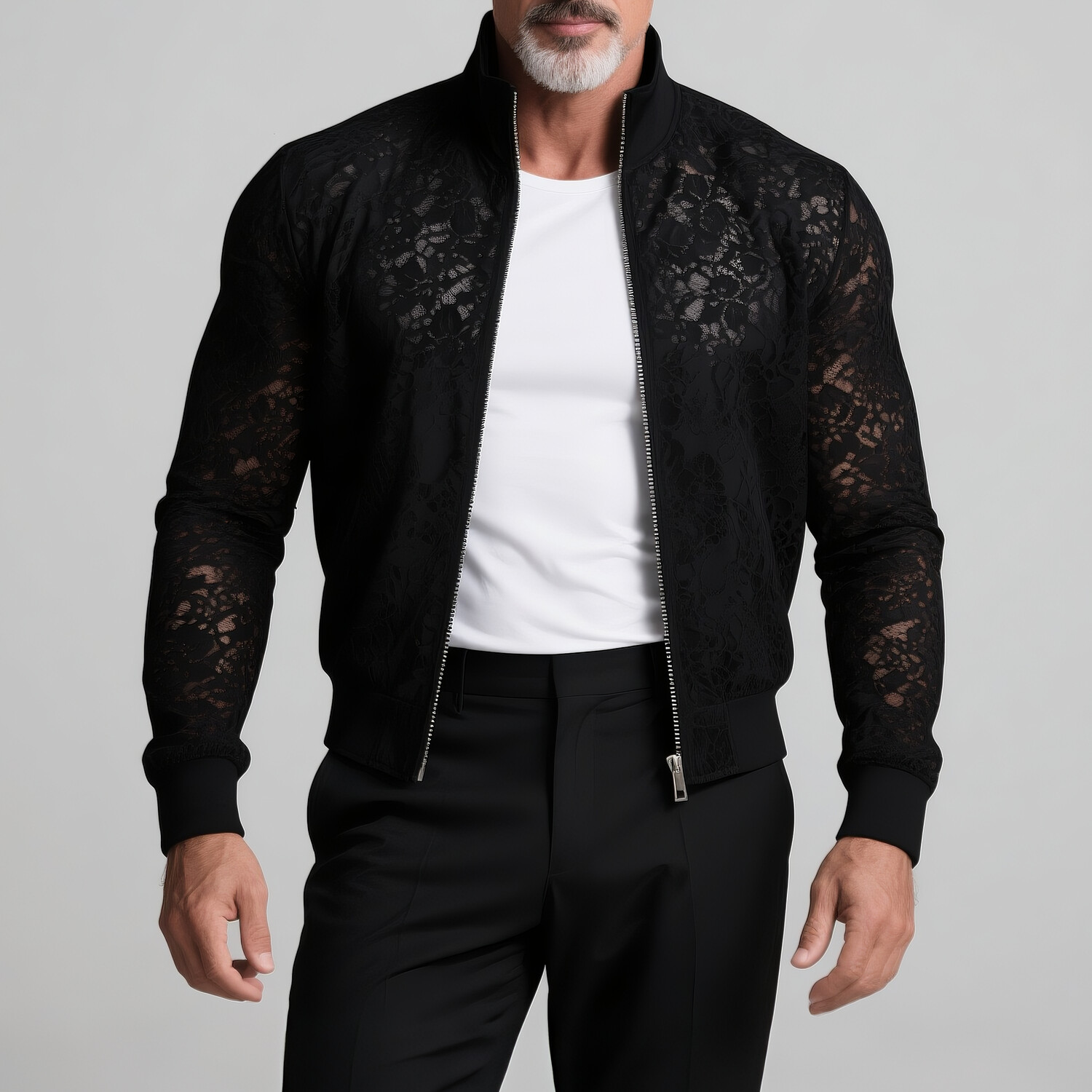 Men's Lace See-Through Stand Collar Long Sleeve Zipper Jacket