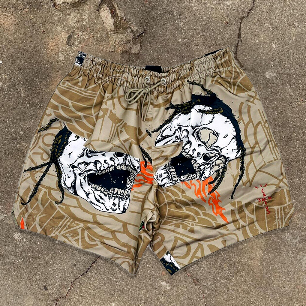 Sopula Travis Scott Skull Men's Khaki Casual Street Mesh Shorts - SOPULA