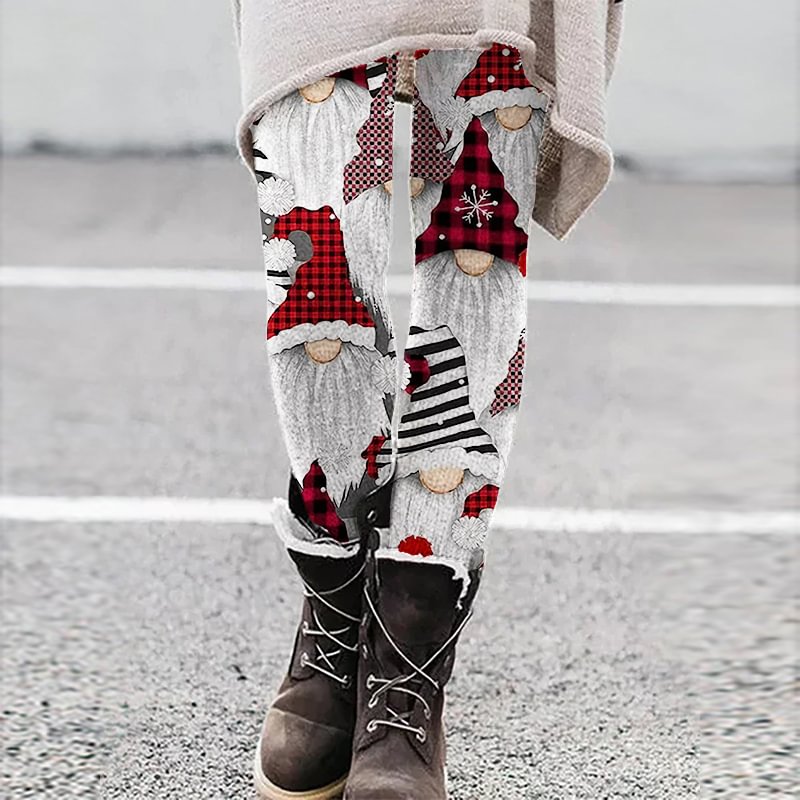 Merry Christmas Gnomes Print Slim Leggings