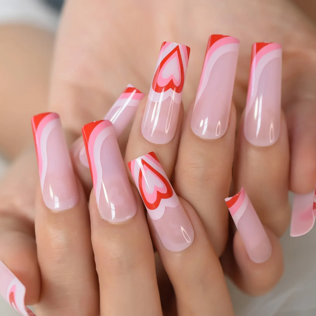Pink Square Extra Long Faux Ongles Rose Heart Drawing Flat Top Fake Nails with Design Mix Color Tips 24