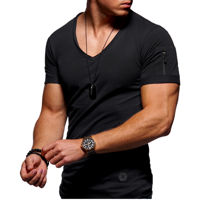 Men's Cuff Zipper Pocket Color Cotton Breathable T-Shirt、、URBENIE