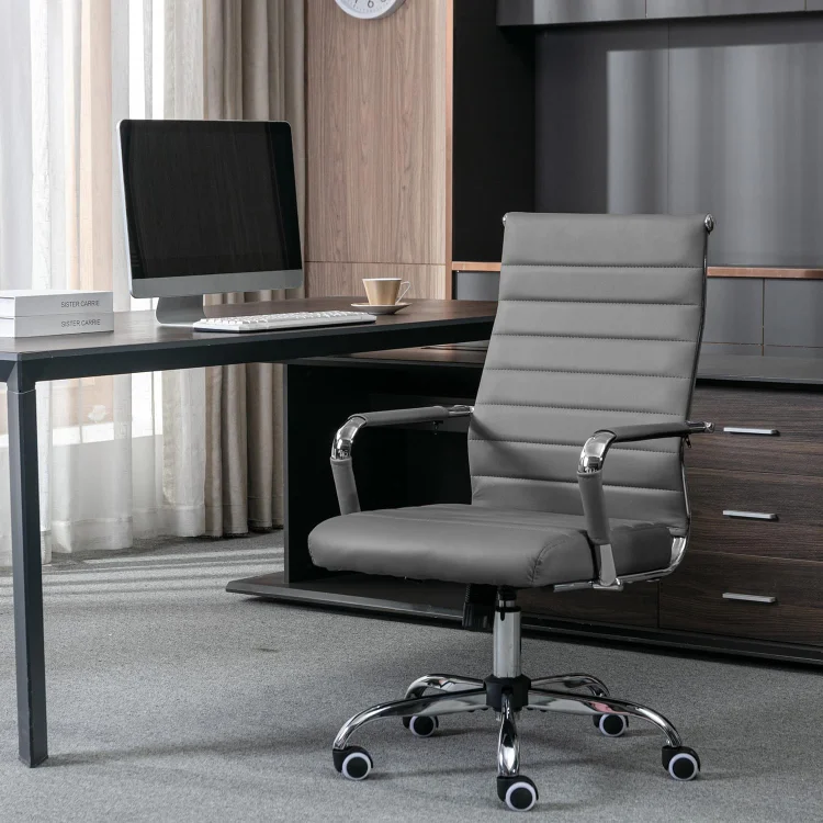 Grey Office Desk Chair, Ergonomic Leather Modern Conference Room Chairs, Executive Ribbed Adjustable Swivel Rolling Chair for Home Office