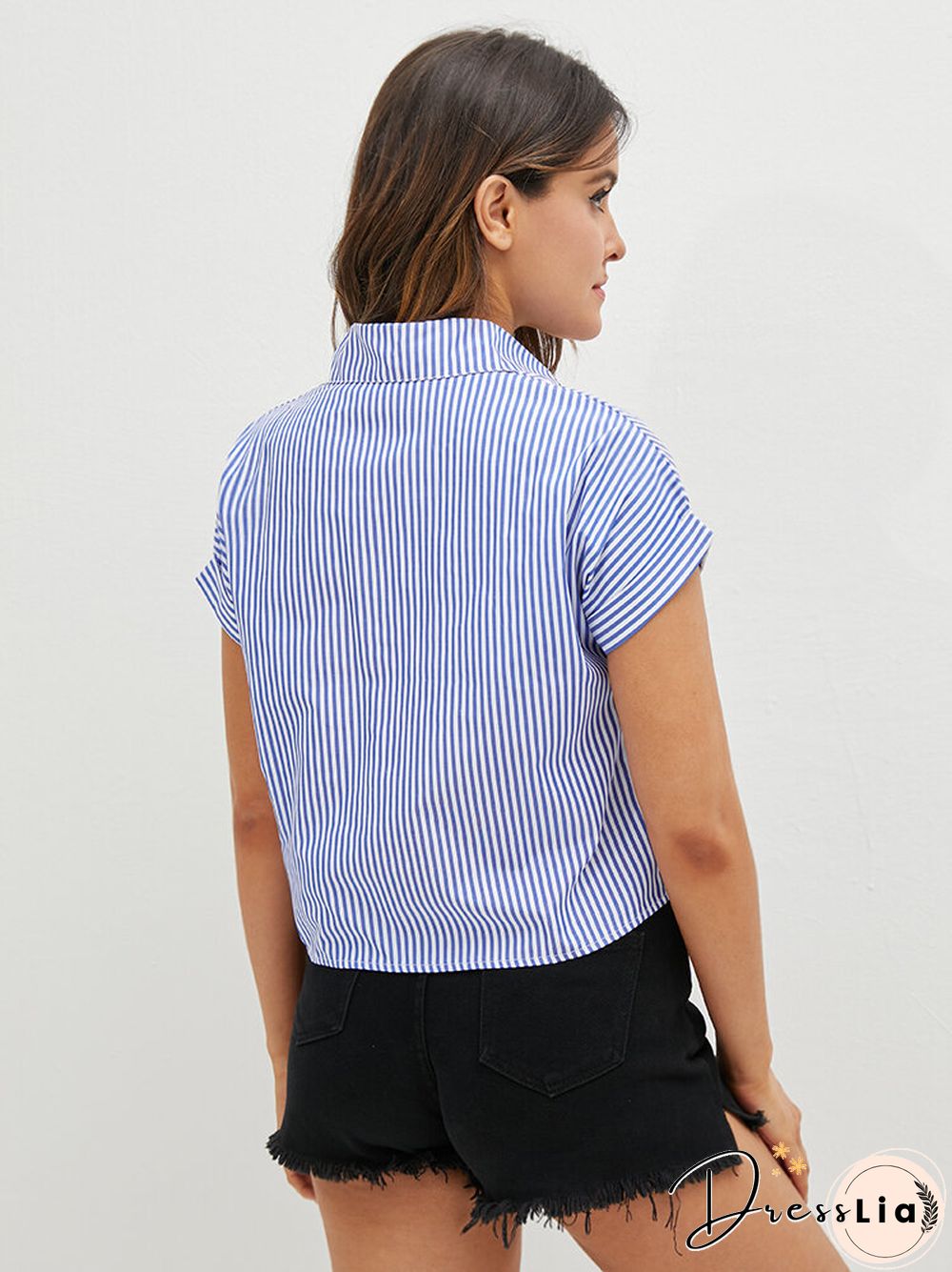 Flower Embroidery Stripe Print Tie Hem Crop Shirt