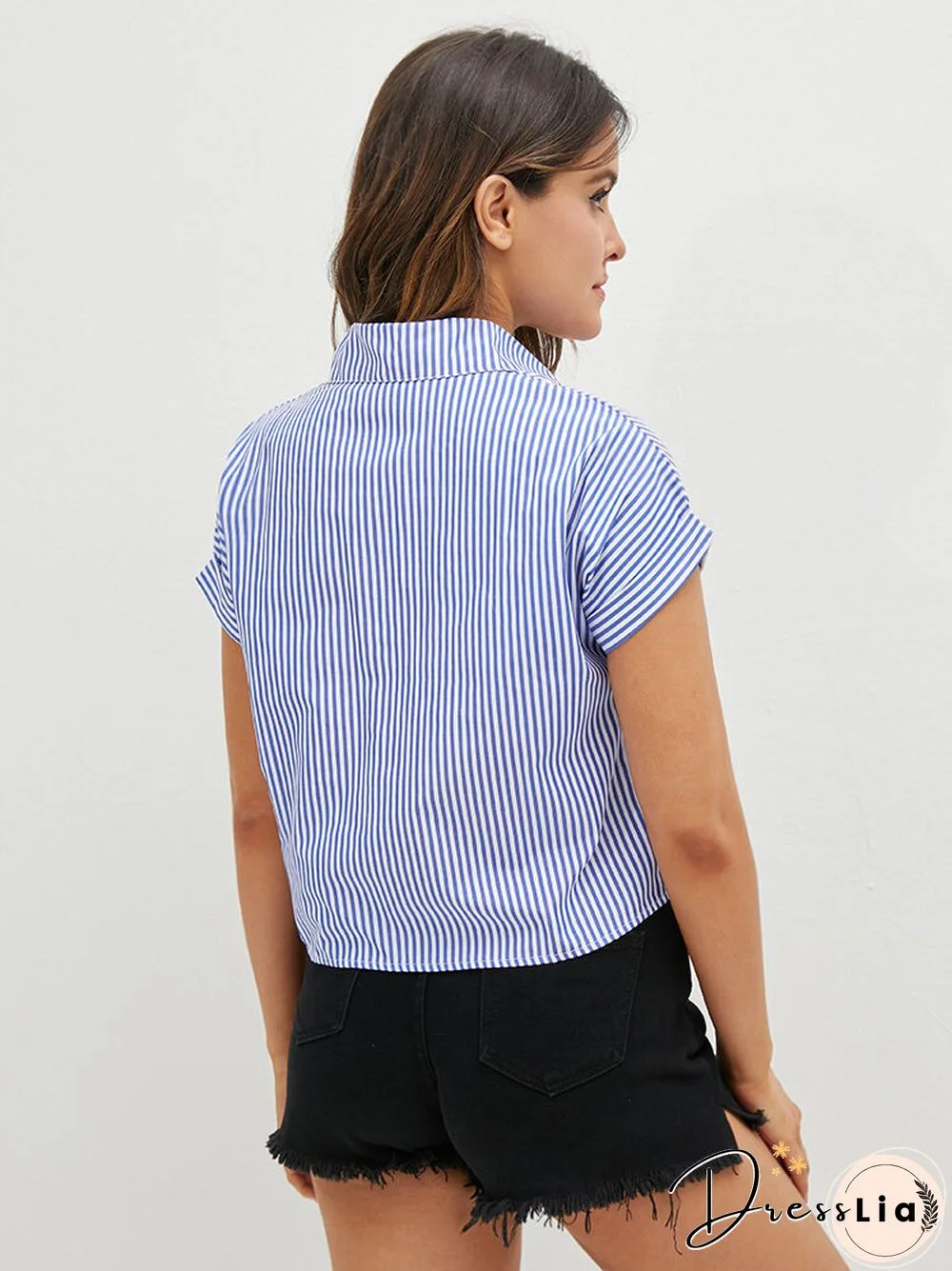 Flower Embroidery Stripe Print Tie Hem Crop Shirt