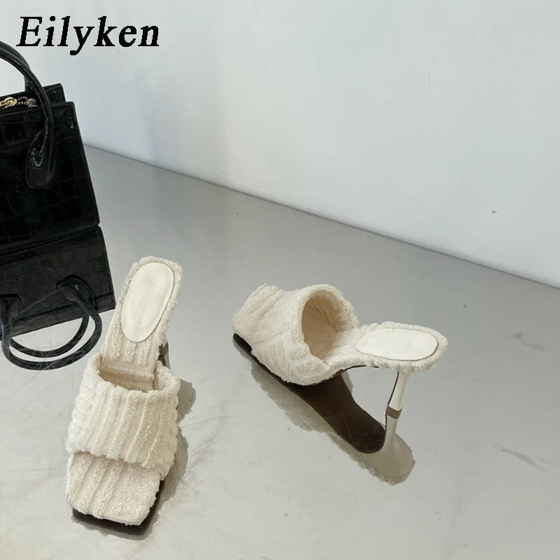 Eilyken 2022 New Summer Design Corduroy Square Toe Heels High Quality Slippers Gladiator Beach Womens Sandal Slides Shoes