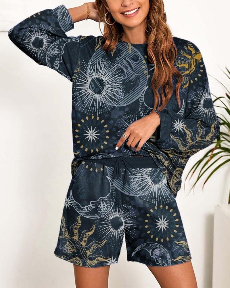 Casual Sun & Moon Print Sport Two Piece Outfits