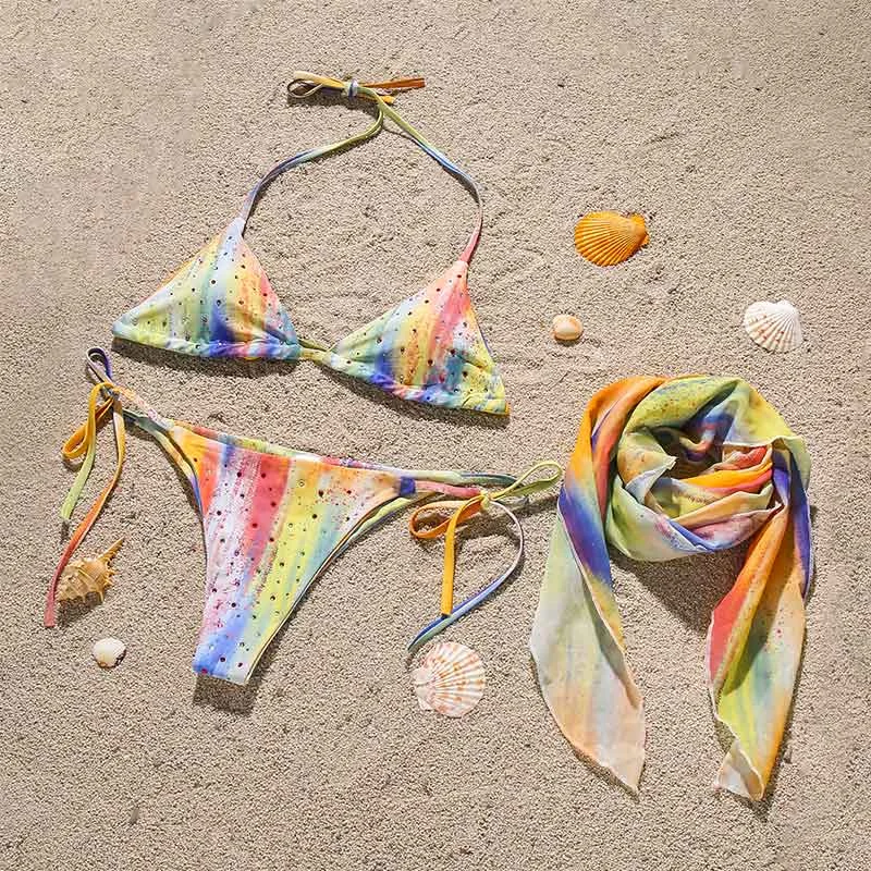 Peachtan Tie dye bikini 2021 Skirted swimsuit women High cut 3 piece suit halter swimwear female Triangle bathing suit Backless