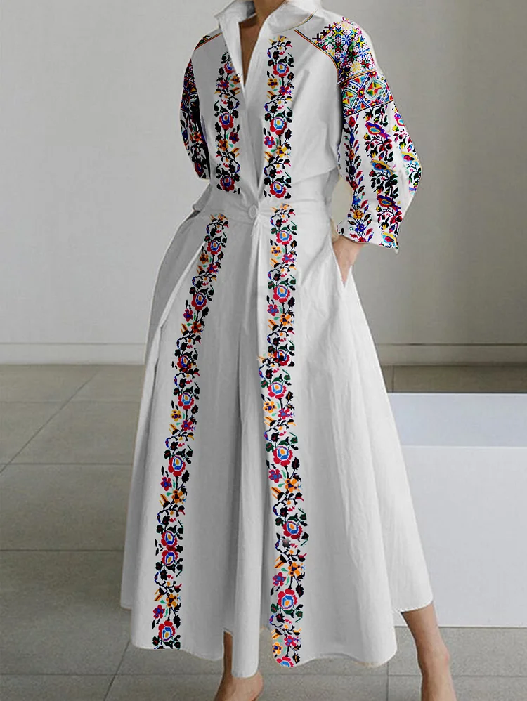Ursime Lapel Collar Floral Slant Pocket A-line Midi Dress