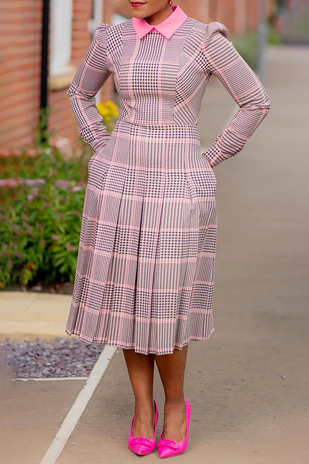 Plus Size Business Casual Dress Pink Plaid Long Sleeve Pleated Midi Dress With Pocket