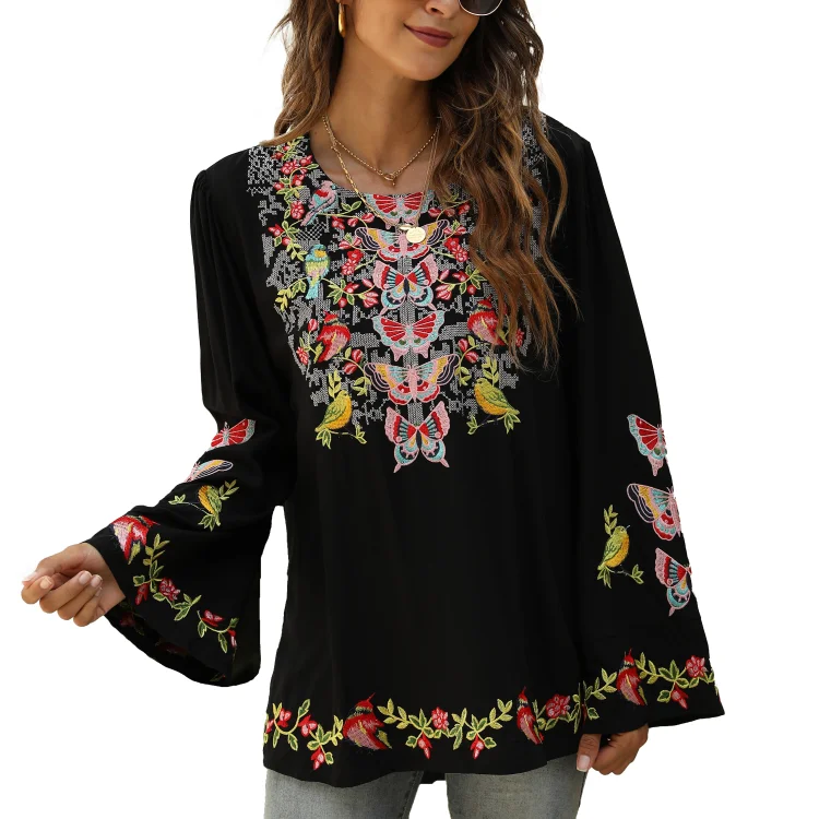 Bohemian Embroidered Long Sleeves Crew Neck Blouses for Women's 330