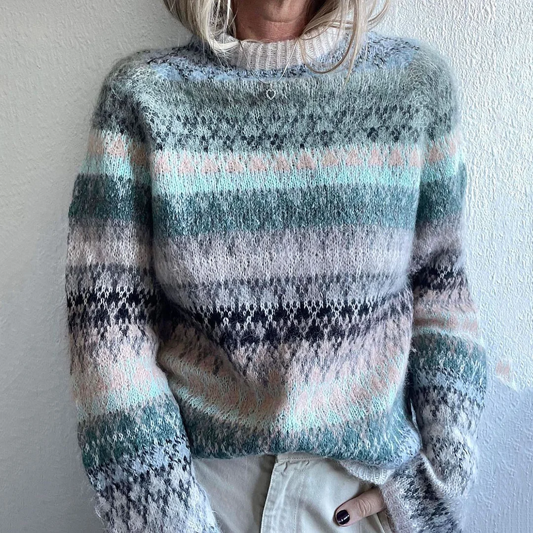 Casual Colorful Yarn Herringbone Jacquard Sweater