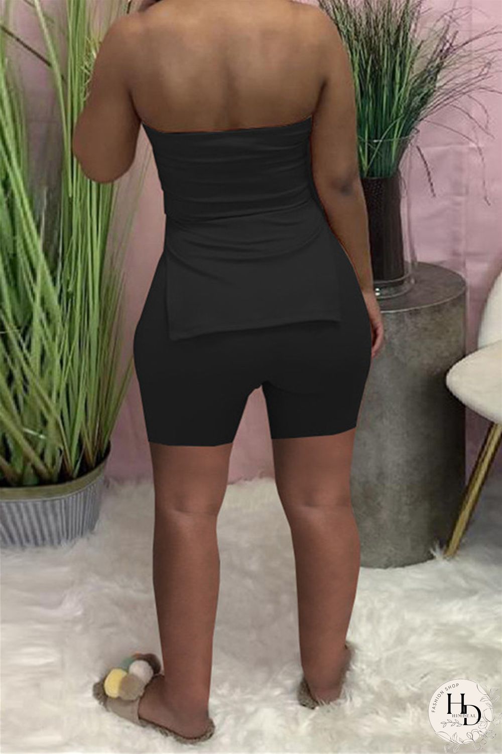 Coral Powder Sexy Casual Solid Backless Slit Strapless Sleeveless Two Pieces