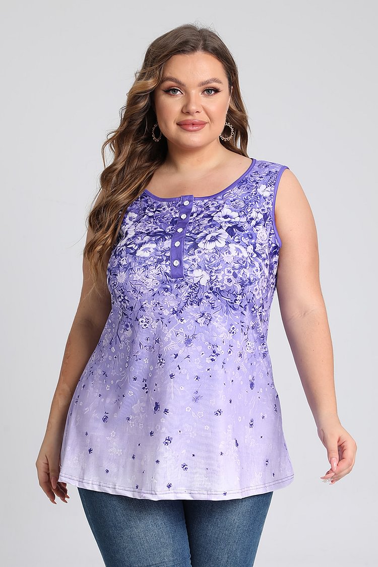Plus Size Button Detail Floral Print Casual Tank Top  Flycurvy [product_label]