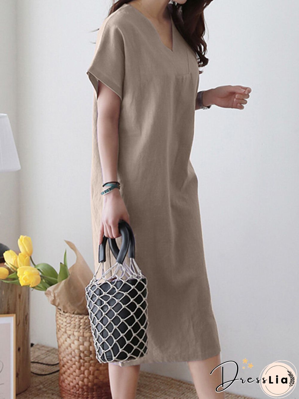 Solid V-neck Short Sleeve Dress For Women