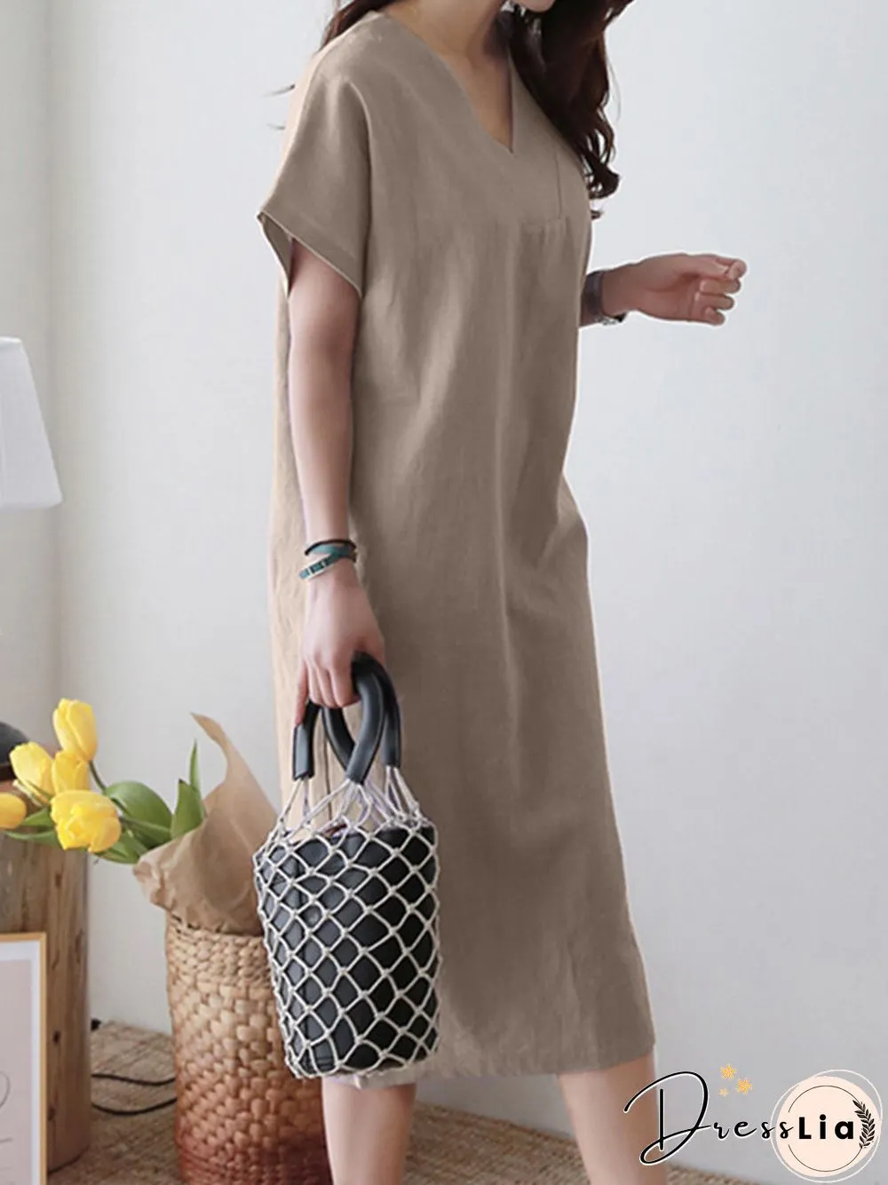 Solid V-neck Short Sleeve Dress For Women