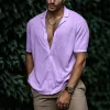 Solid Color Lapel Short-sleeved Linen Simple Shirt