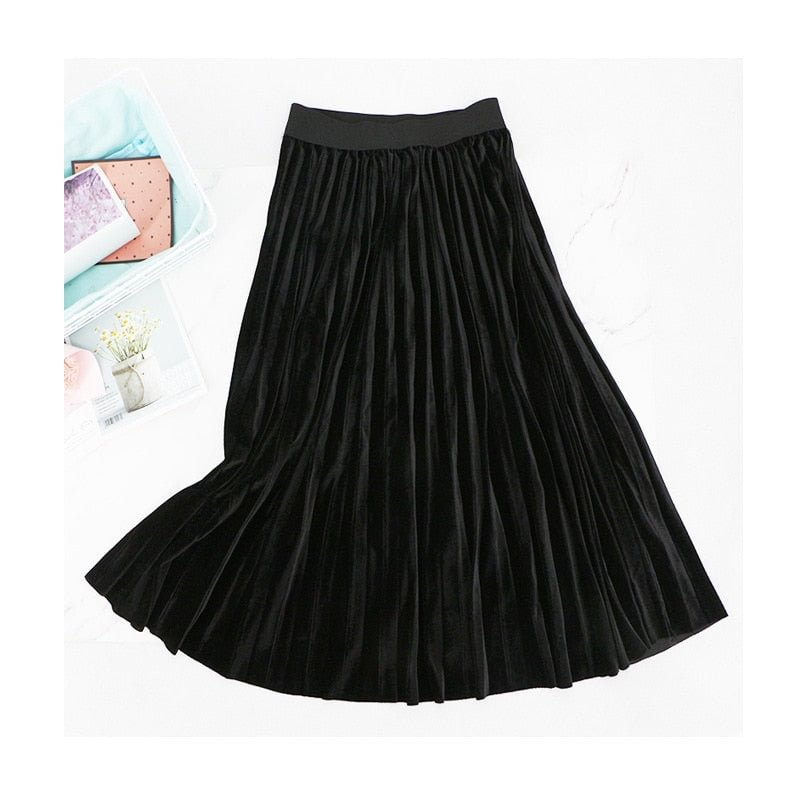 Ladies Vintage Autumn Winter Women Velvet Skirt High Waisted Elegant Sexy Skinny Black Pleated Skirts Female Maxi Skirts Womens