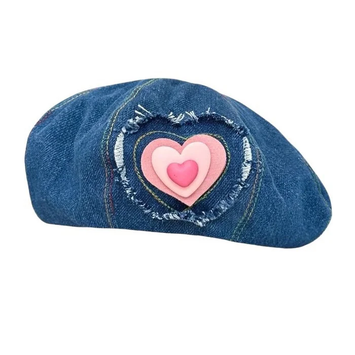 Heart Patch Denim Beret Hat