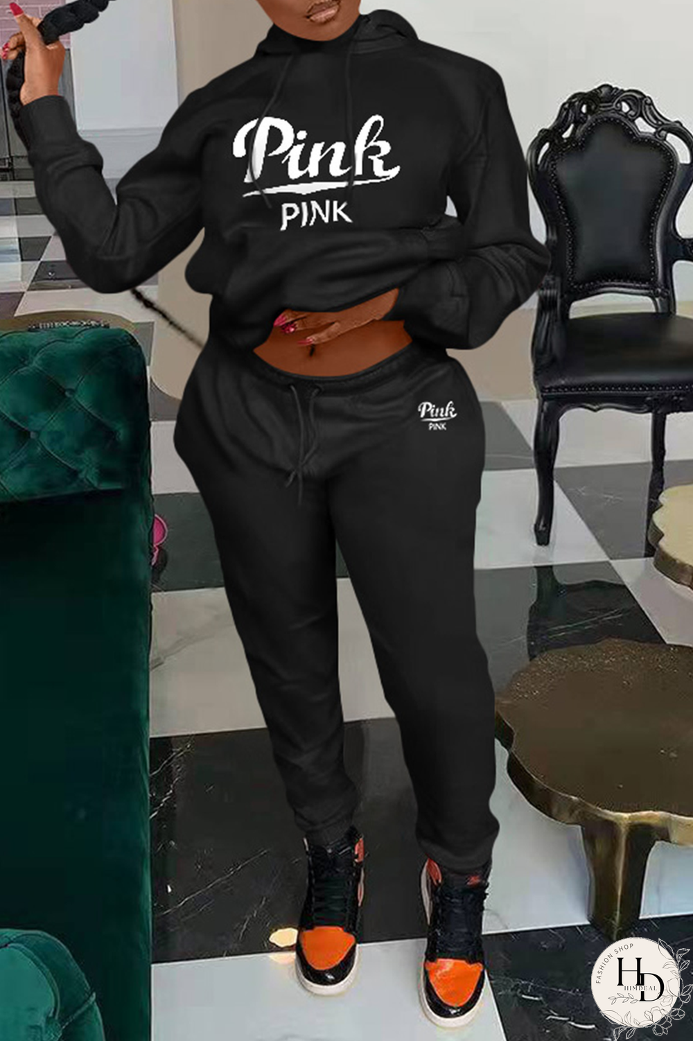 Pink Casual Print Patchwork Hooded Collar Long Sleeve Two Pieces