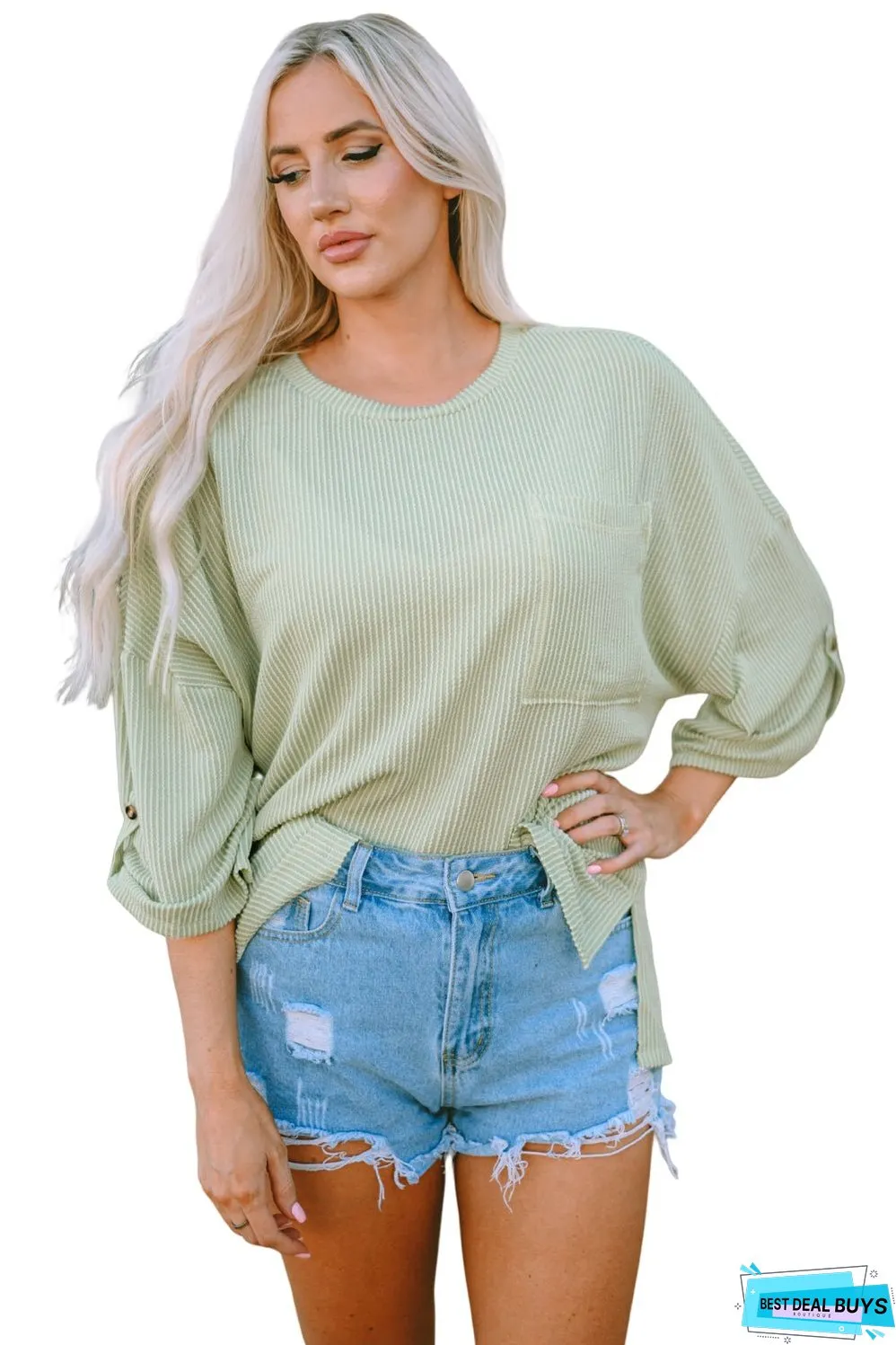 Ribbed Roll-tab Sleeve Oversize Top