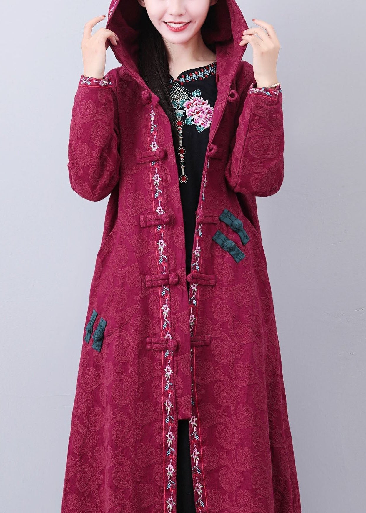 VCSHOES Brick Red Hooded Embroideried Jacquard Long Coat Fall