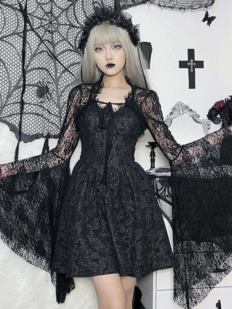 Huiketi Gothic Black Lace T-shirt Women Streetwear Flare Sleeve See Through Sexy Smock Top Elegant Aesthetic Cropped Tops