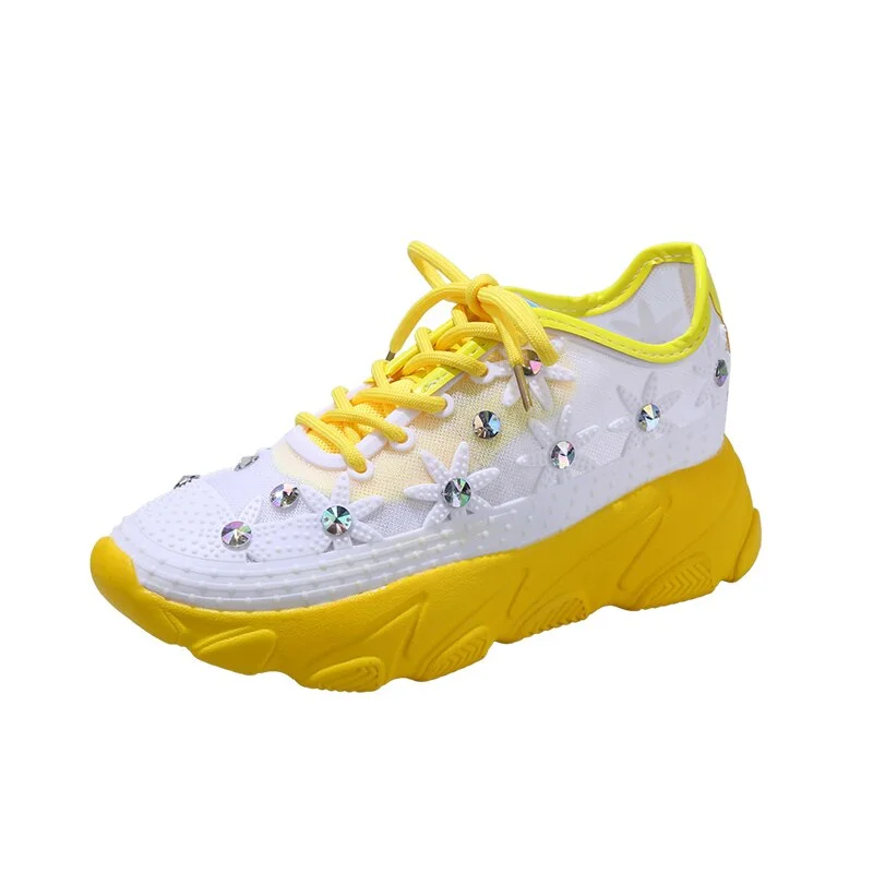 Breathable Air Mesh Crystal Sneakers Women Rhinestones Floral White Casual Shoes Woman Fashion Chunky Platform Trainers