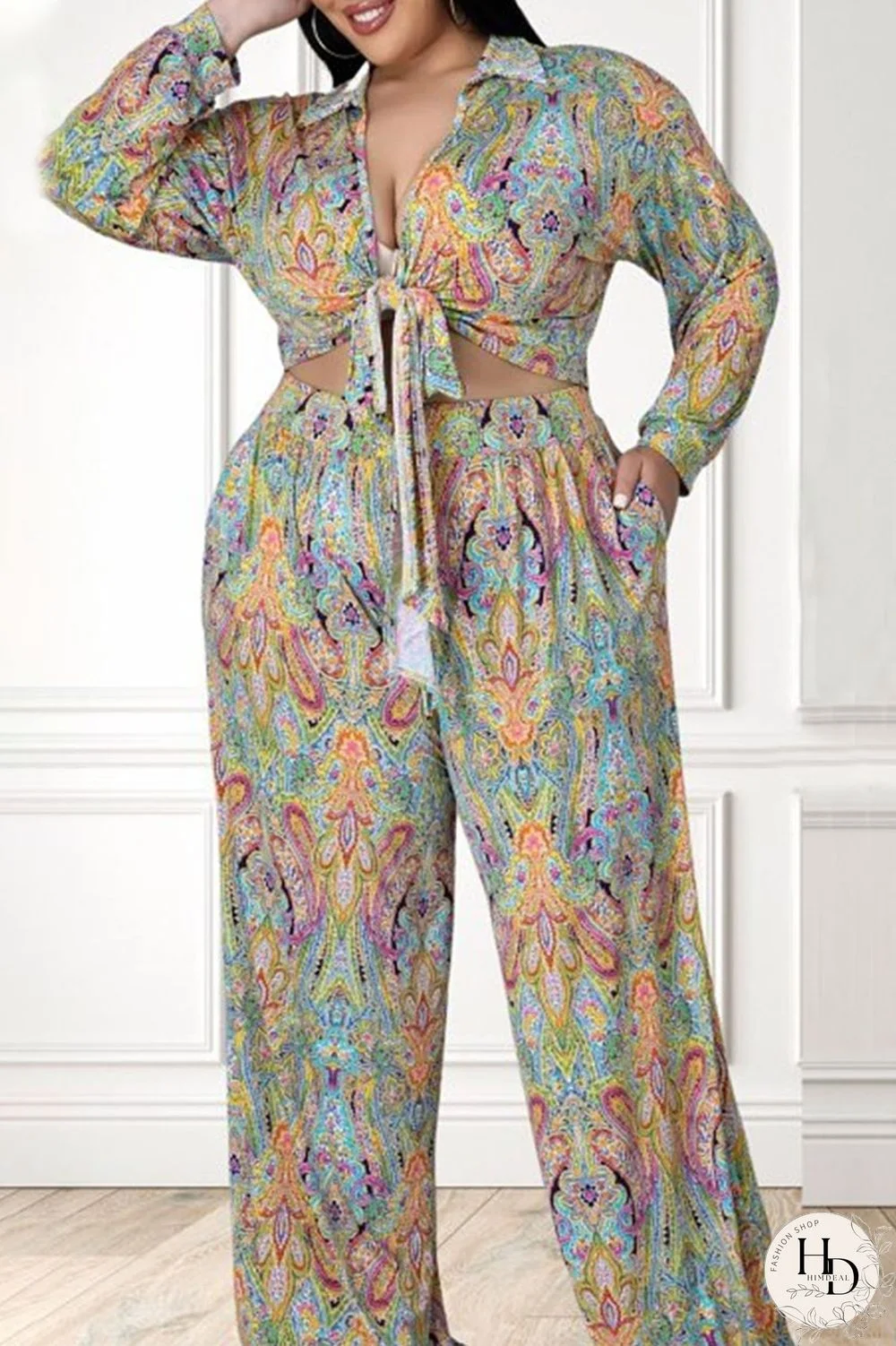 Colour Sexy Print Bandage Split Joint Turndown Collar Plus Size Two Pieces