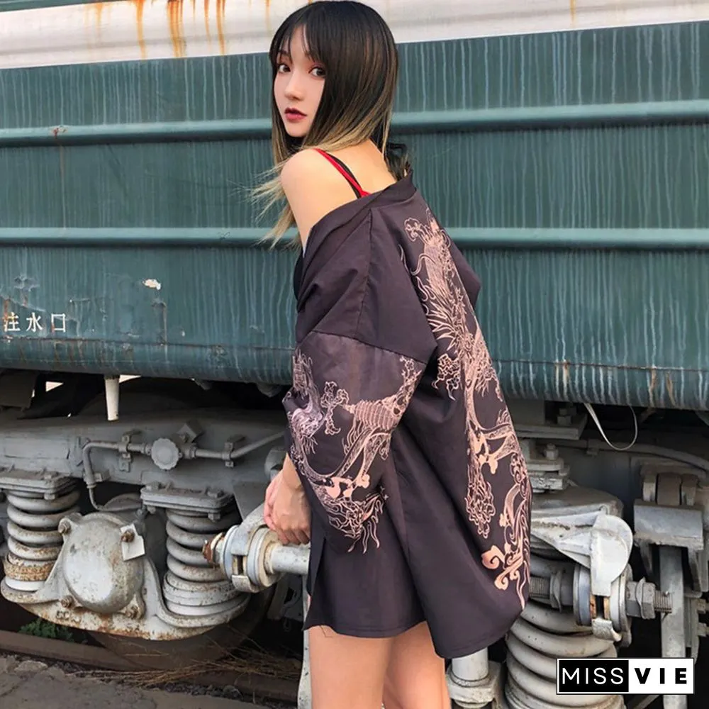 Vintage Dragon Print Kimono Outerwear