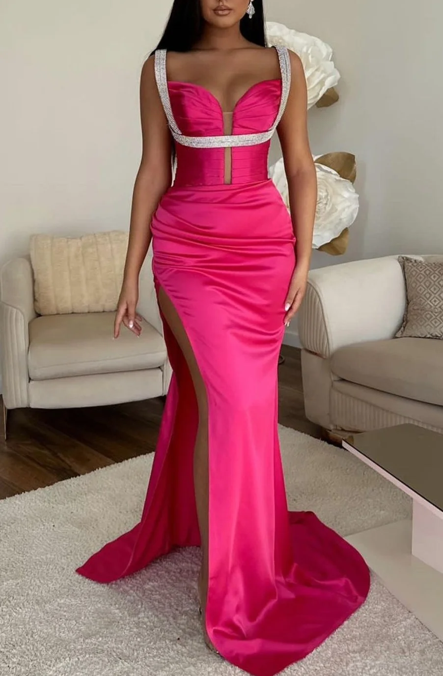 Lisliy Mermaid Prom Dress Spaghetti Strap Fuchsia With High Slit V Neck Sleeveless 
