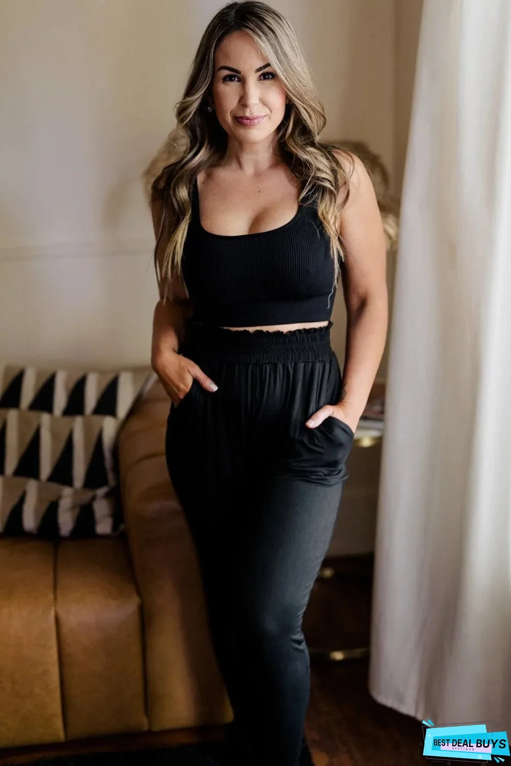 Black Plus Size Frill High Waist Pocketed Soft Pants