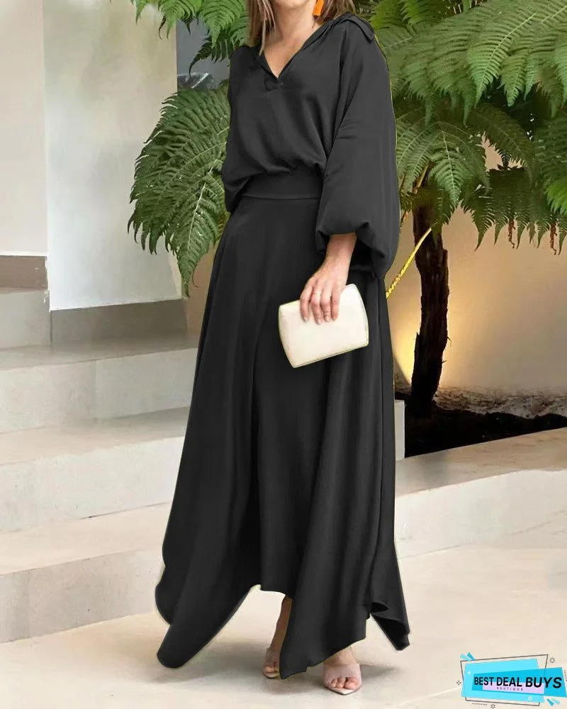 Elegant Urban V Neck Color Block Midi Dress