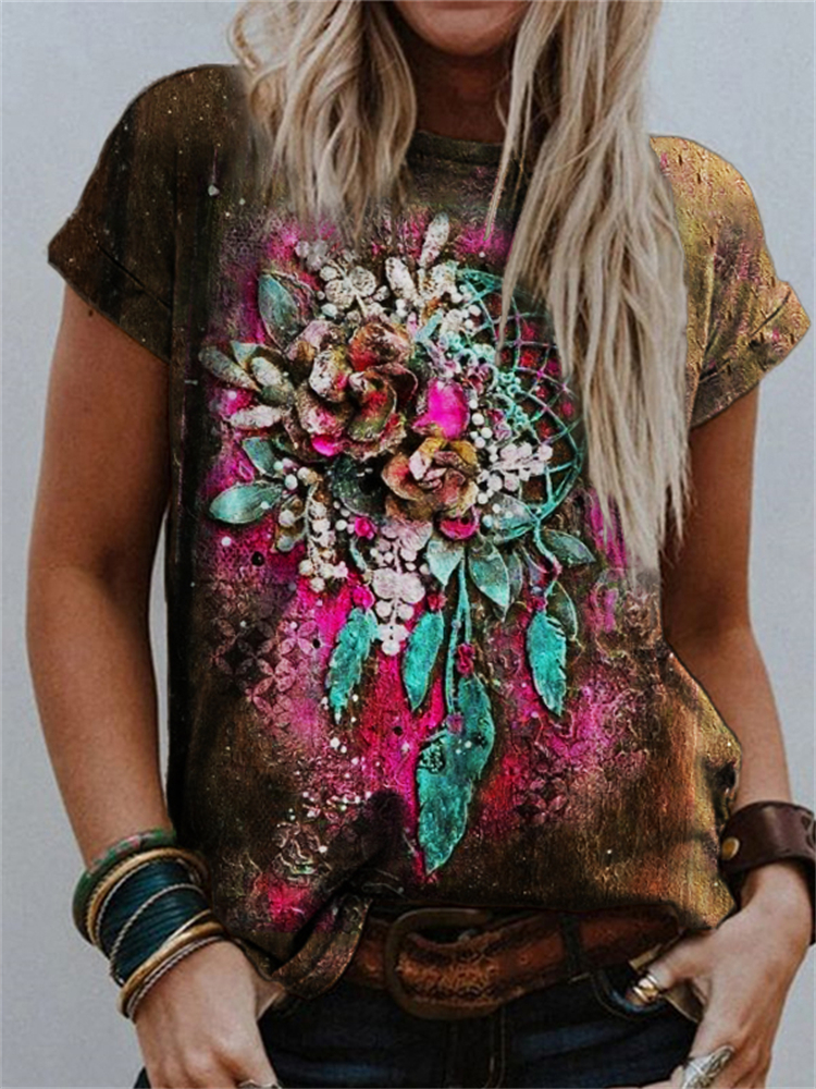 Elegant Floral Dream Catcher Art Crew Neck T Shirt wearshes