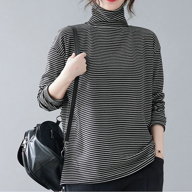 Casual Striped Long Sleeve Turtleneck T-Shirt - yankia