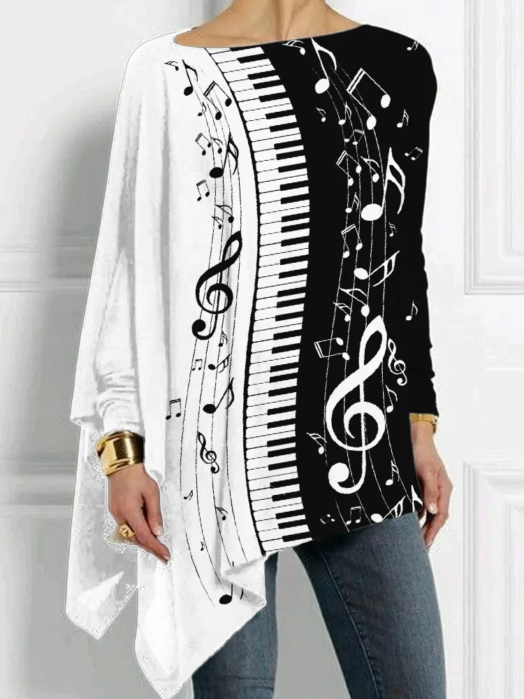 Piano Keys Music Notes Contrast Bat Sleeve T Shirt