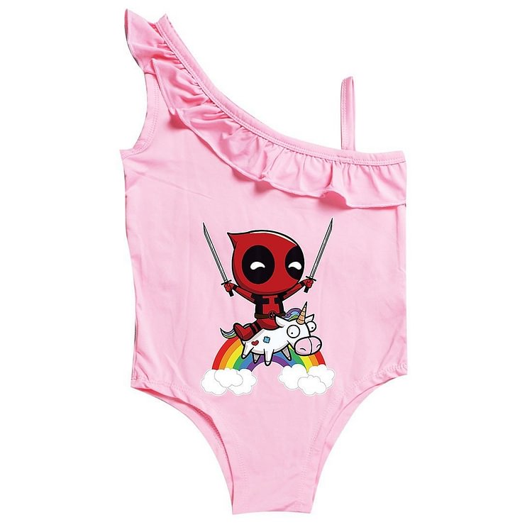 Mayoulove Girls Cute Deadpool Print One Shoulder One Piece Ruffle Swimsuit-Mayoulove