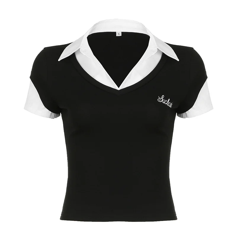 Ueong Style POLO Collar Splicing Fake Two Short-Sleeved Blouses Slim And Simple Knitted T-Shirt Girl