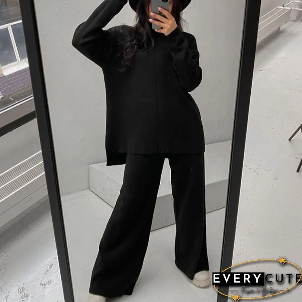 Winter Women Long Sleeve Loose Casual Sweater Knit Top Trousers Set High Neck Solid Color