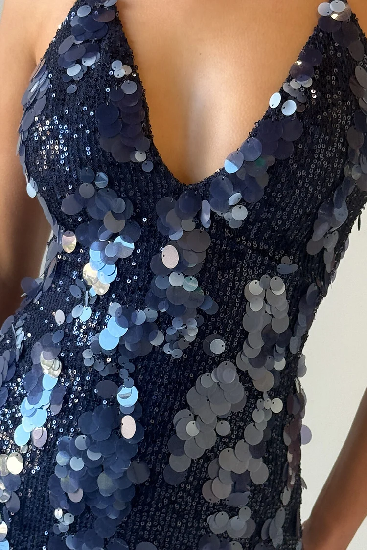slim fit dress slacks Halter Royal Blue Sequin Tight Mini Dress – Dressesforparty