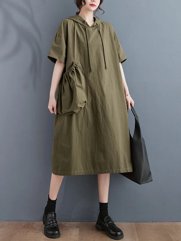 Loose Hooded Short Sleeve Midi Dress