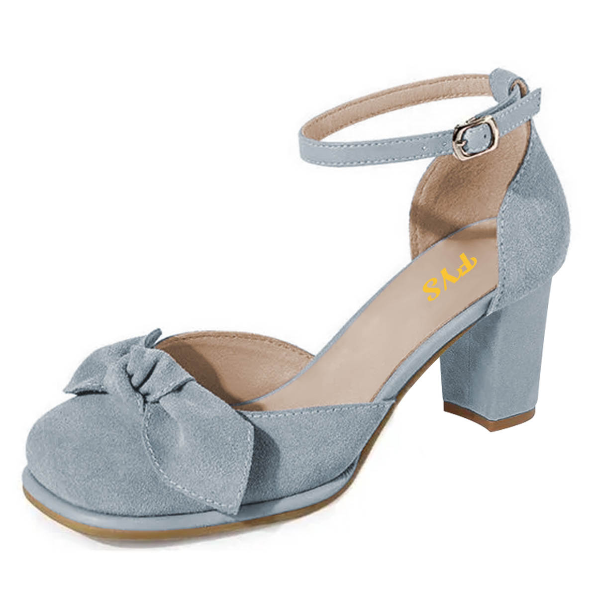 Cute Light Blue Square Toe Ankle Strap Pumps Shoes with Knot Bow Nicepairs