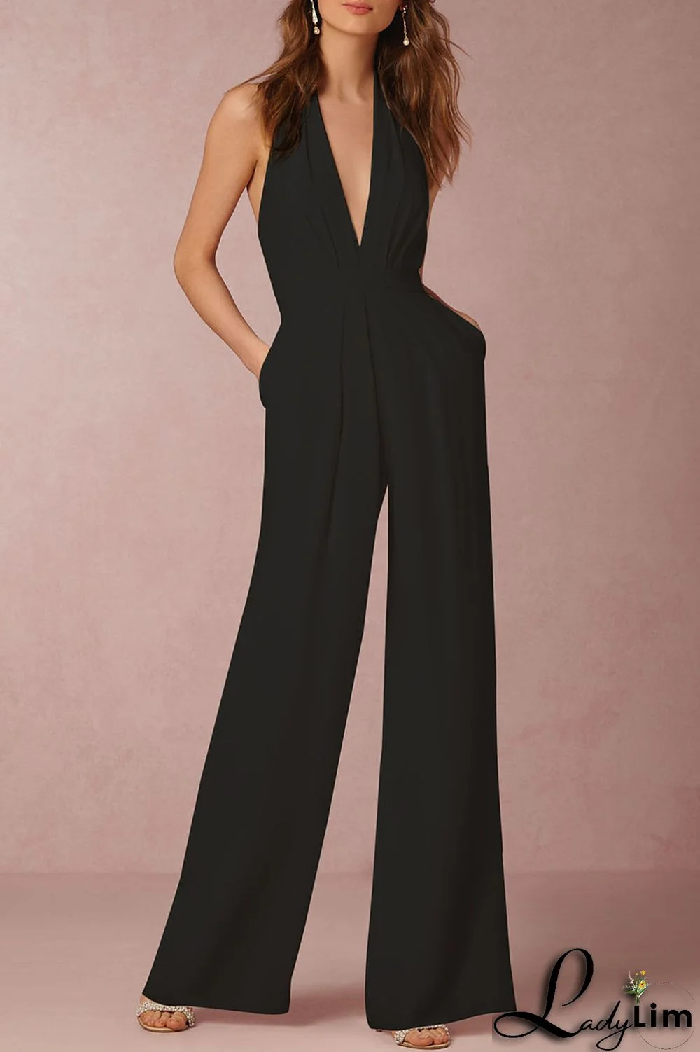 Black Simplicity Solid Split Joint Backless Halter Straight Jumpsuits