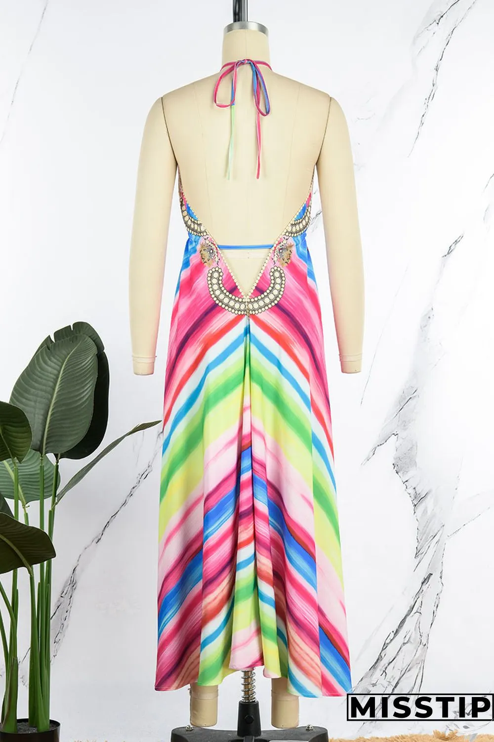 Colour Sexy Vacation Print Patchwork Backless Halter A Line Dresses