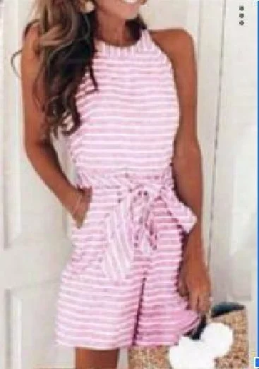 Sleeveless Round Neck Stripy Romper P14842