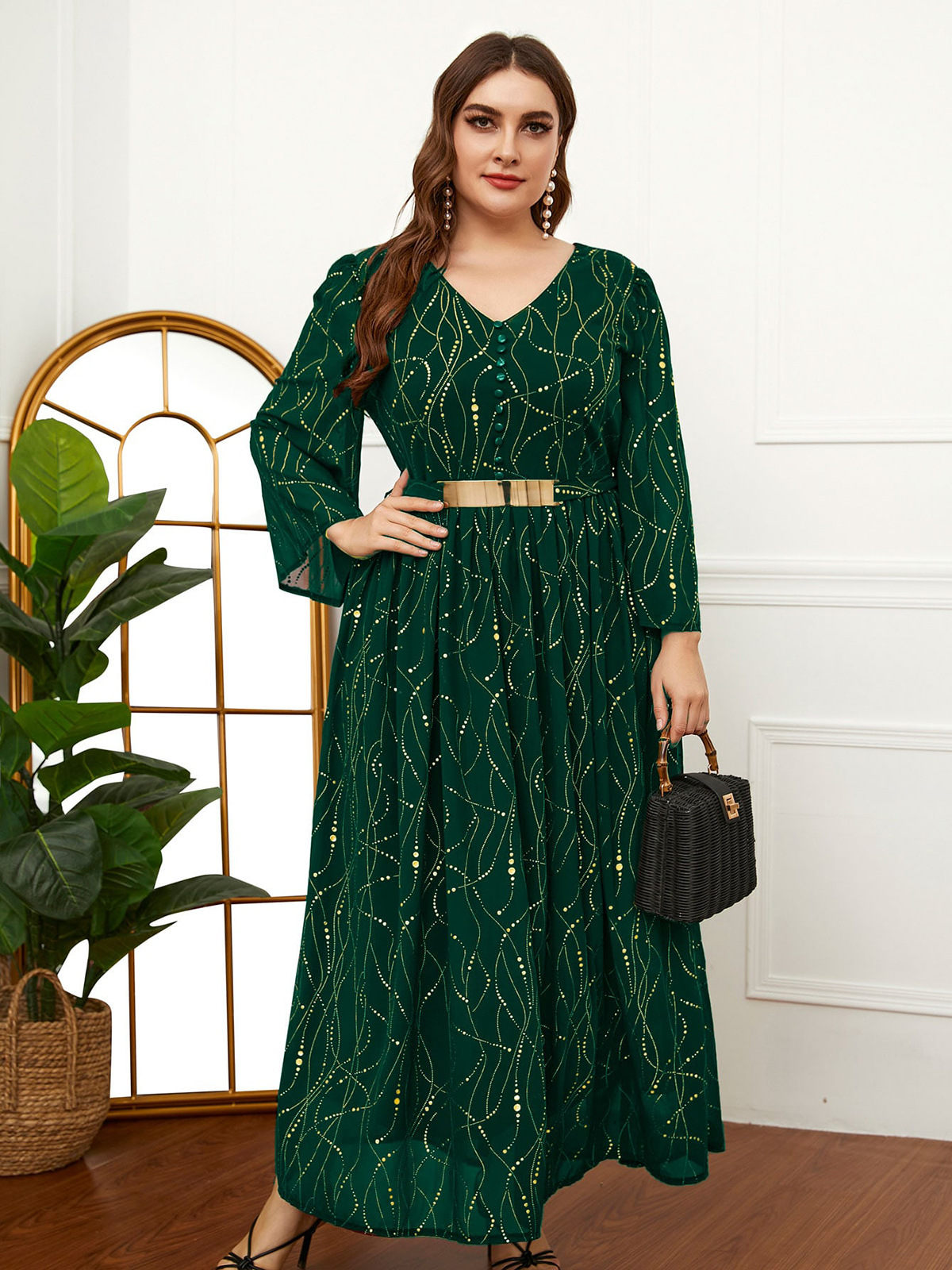 Golden Lines V Neck Belt Design Long Sleeve Dress | Oxredo Shop Ramadan Sale