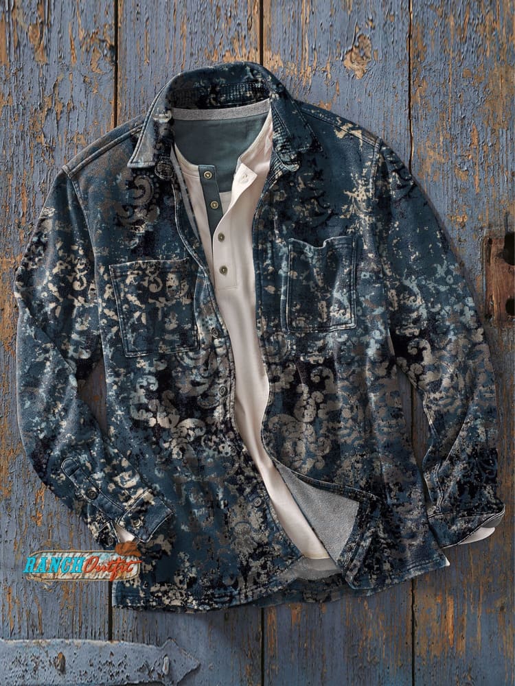 Men’s Classic Retro Vintage Print Casual Long Sleeve Shirt As Picture / S